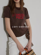 Lofi choose Relaxed Knit Button Round Neck Midlength Letter Print Blue Short Sleeve T-Shirts
