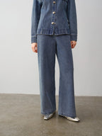 audreyyang 100% Cotton Vintage Loose Fit Button Long Sleeve Denim Women Top & Pants Sets