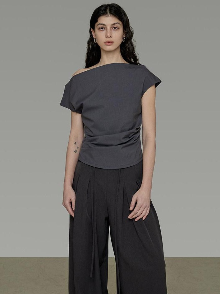 unspoken Asymmetric Neck Pleated Minimal Slim Fit Office Women Polyester Basic Crop Tops