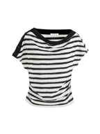 unspoken Soft Cotton Knit Striped Loose Minimalist Women Bardot Off Shoulder Crop Tops