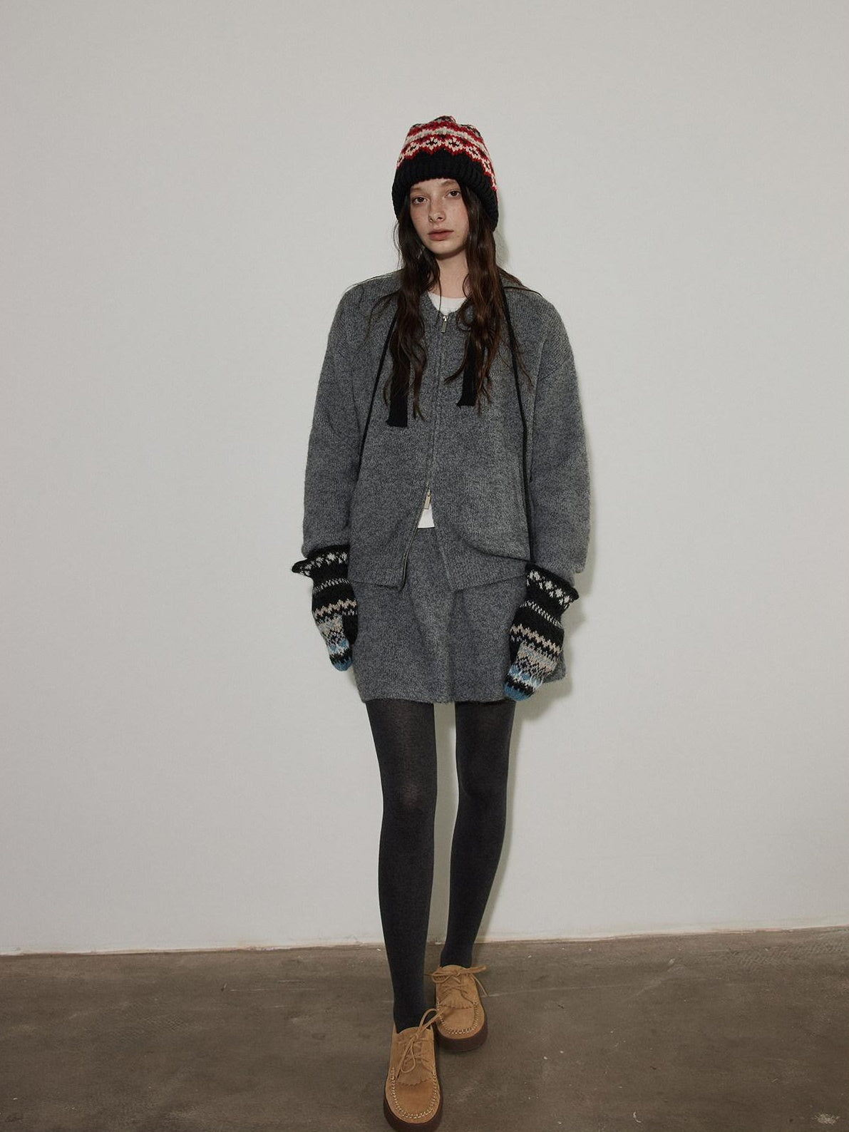 Lofi choose Knit Wool Blend Zip Cardigan Loose Fit Office Gray Short Skirt Top & Skirt Sets