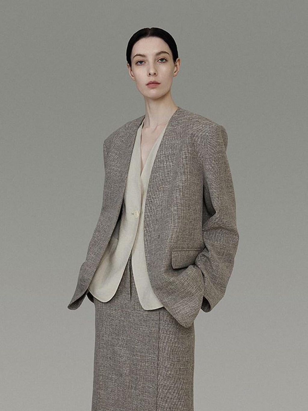 unspoken Minimalist Heather Gray Loose Fit Longsleeve Office Polyester Top & Skirt Sets