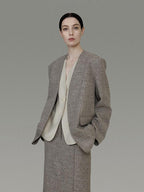 unspoken Minimalist Heather Gray Loose Fit Longsleeve Office Polyester Top & Skirt Sets