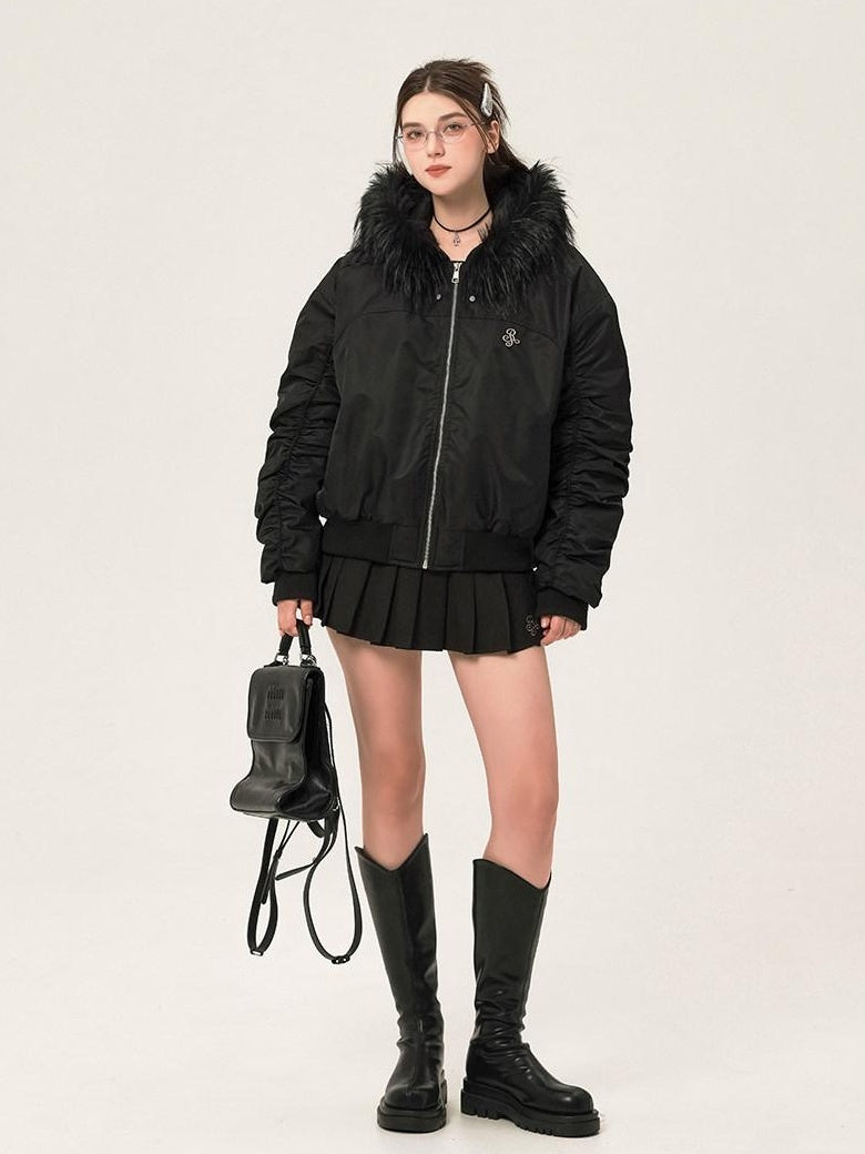 ikyou Insulated Fur Trim Hood Minimalist Straight Cut Urban Warm Nylon Puffer Jackets