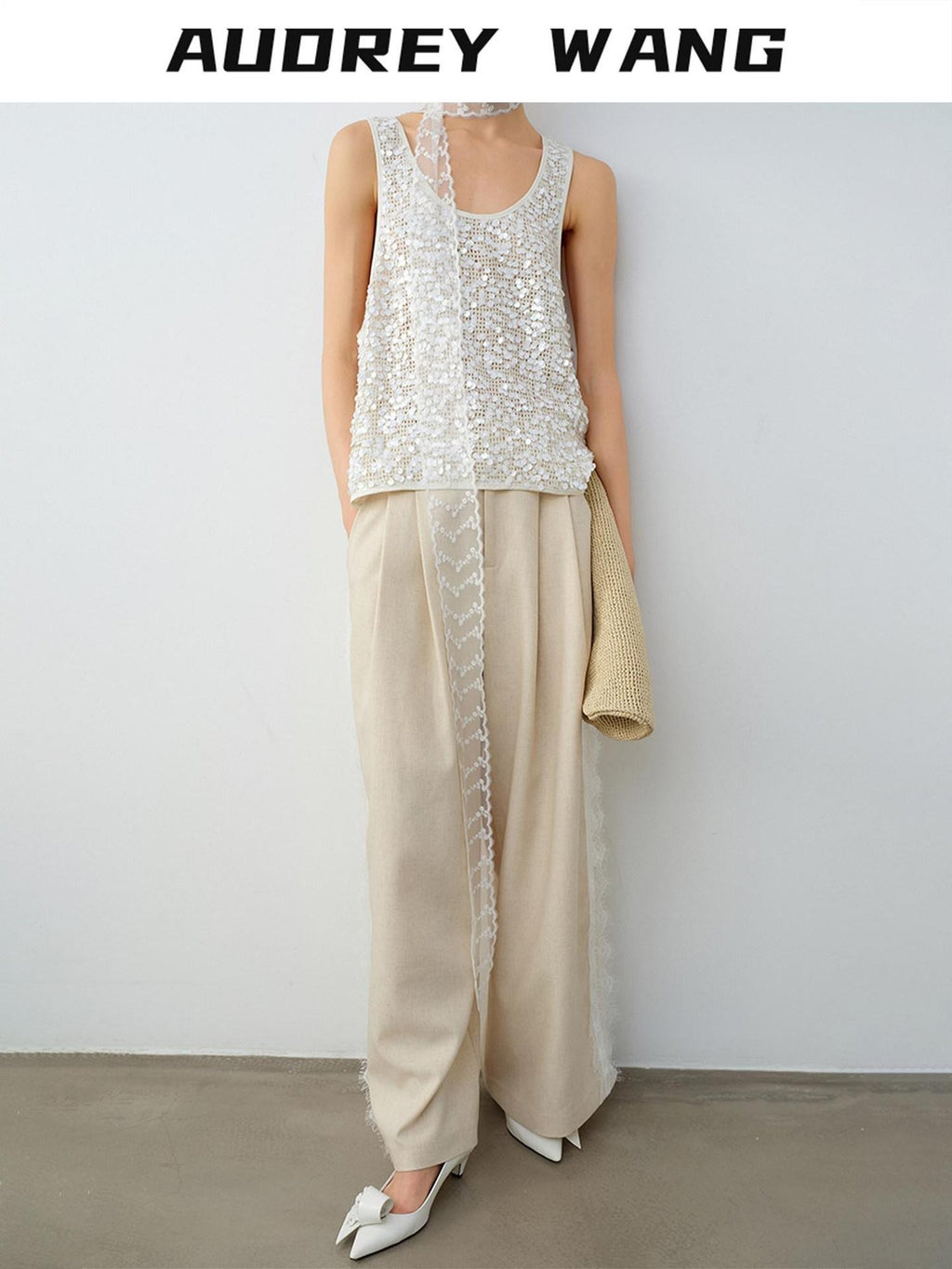 audreyyang Elegant Lace Natural Waist Office Loose Womens White Linen Blend Wide Leg Pants