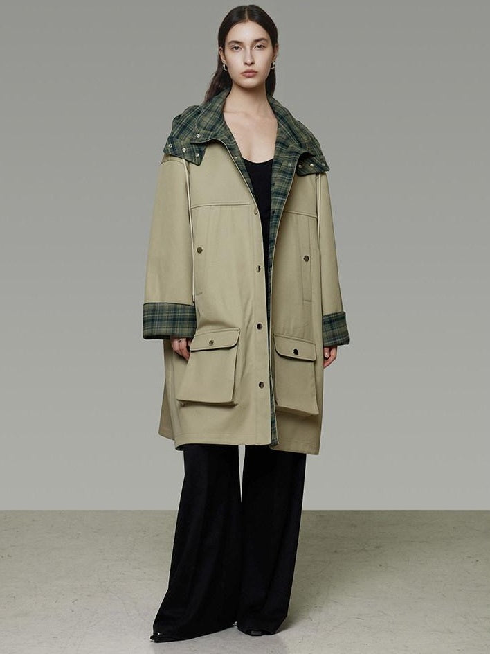 unspoken Breathable Pure Cotton Minimalist Loose Midlength Women Plaid Khaki Trench Coats