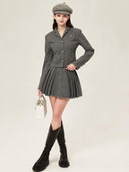 ikyou Tassel Button Slim Fit Square Neck Long Sleeve Work Gray Brown Top & Skirt Sets