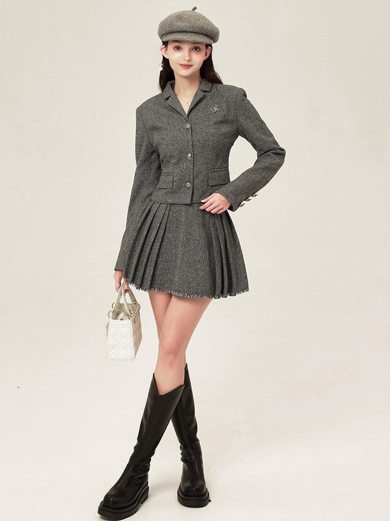 ikyou Tassel Button Slim Fit Square Neck Long Sleeve Work Gray Brown Top & Skirt Sets