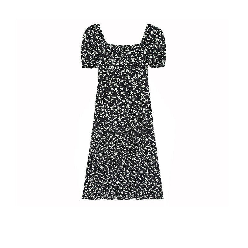 fano_Black_Floral_Puff_Sleeve_V-neck_High_Waist_A_Line_Office_Chic_Midi_Dresses_MISSTT