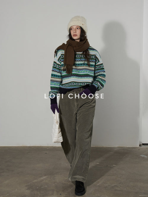 Lofi choose Chunky Knit Loose Fit Round Neck Pullover Navy Blue Commuter Sweaters
