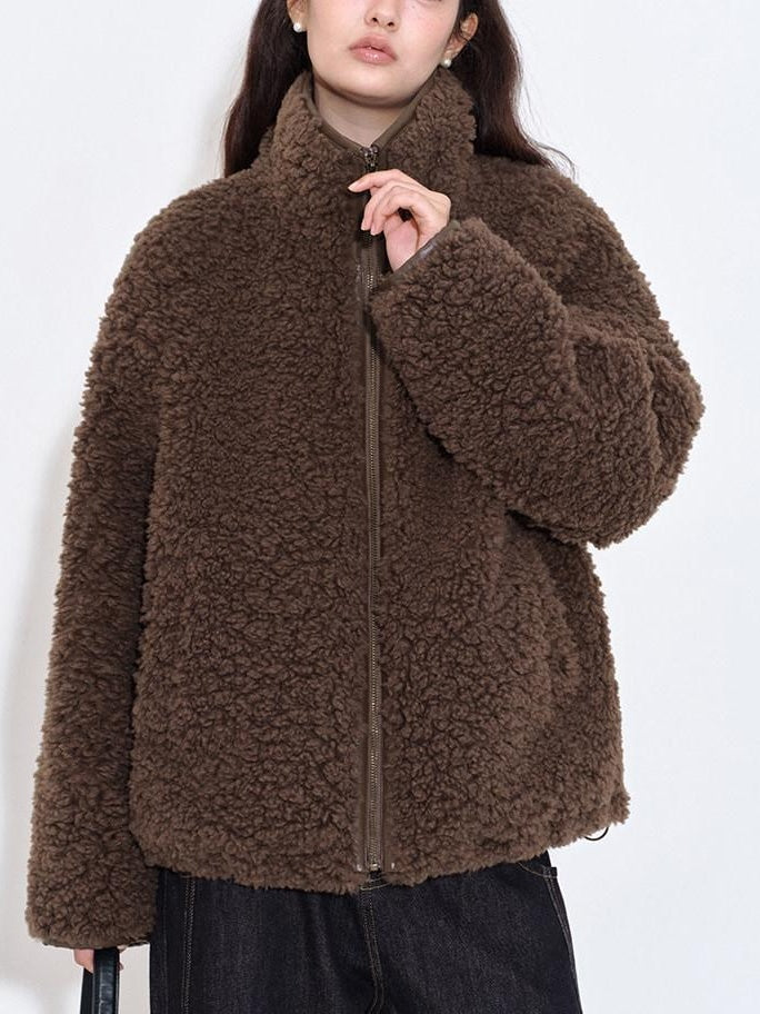 fano Warm Lambswool Plaid Stand Collar Zip Loose Fit Casual Women Brown Short Coat