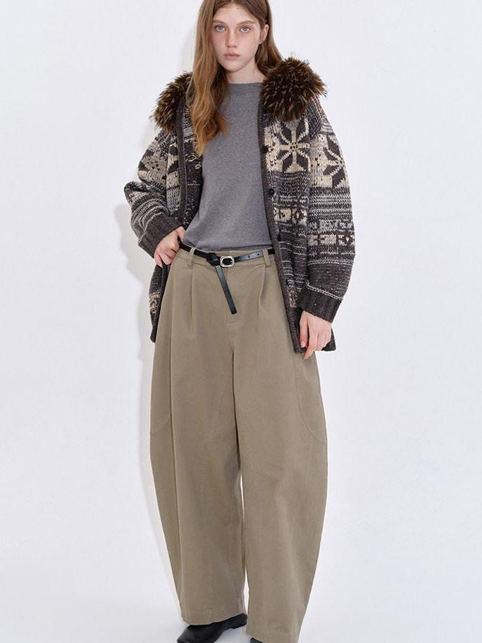 fano Breathable Cotton Khaki Natural Waist Casual Zipper Fly Women Wide Leg Pants