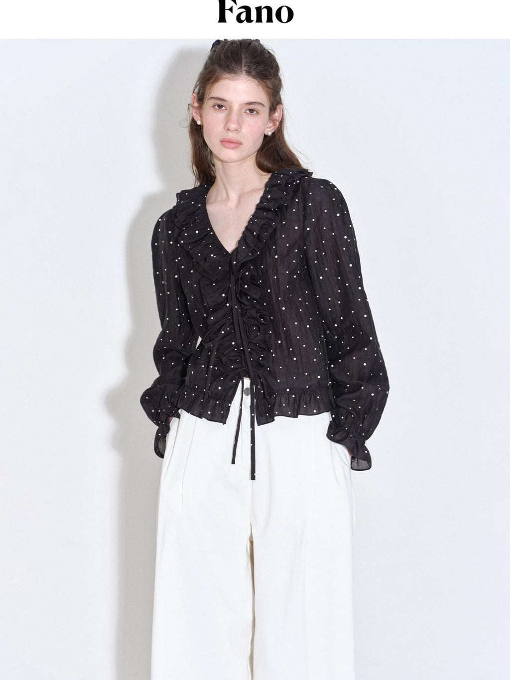 fano Shape Retaining Lyocell Korean Slim Fit V-neck Long Sleeve Polka Dot Blouses