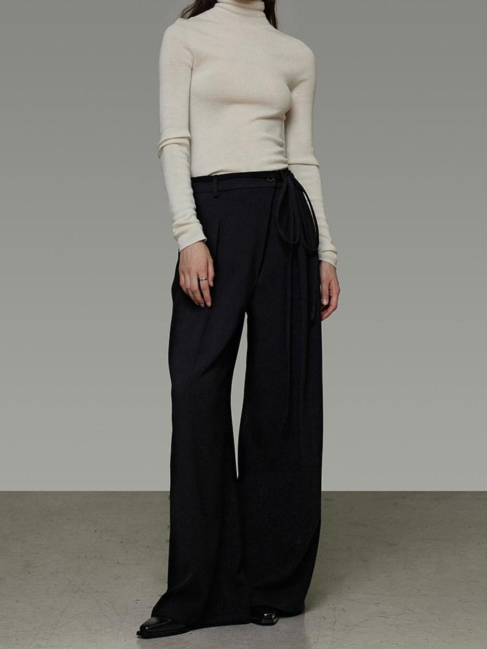 unspoken High Waist Tie Detail Minimalist Breathable Office Black Polyester Wide Leg Pants