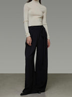 unspoken High Waist Tie Detail Minimalist Breathable Office Black Polyester Wide Leg Pants
