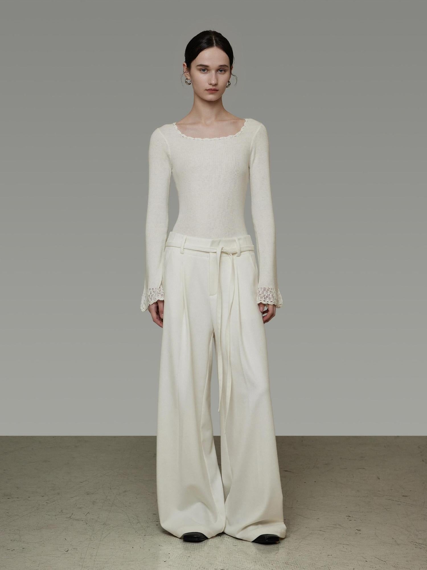 unspoken High Waist Drawstring Minimalist Breathable White Women Wide Leg Pants