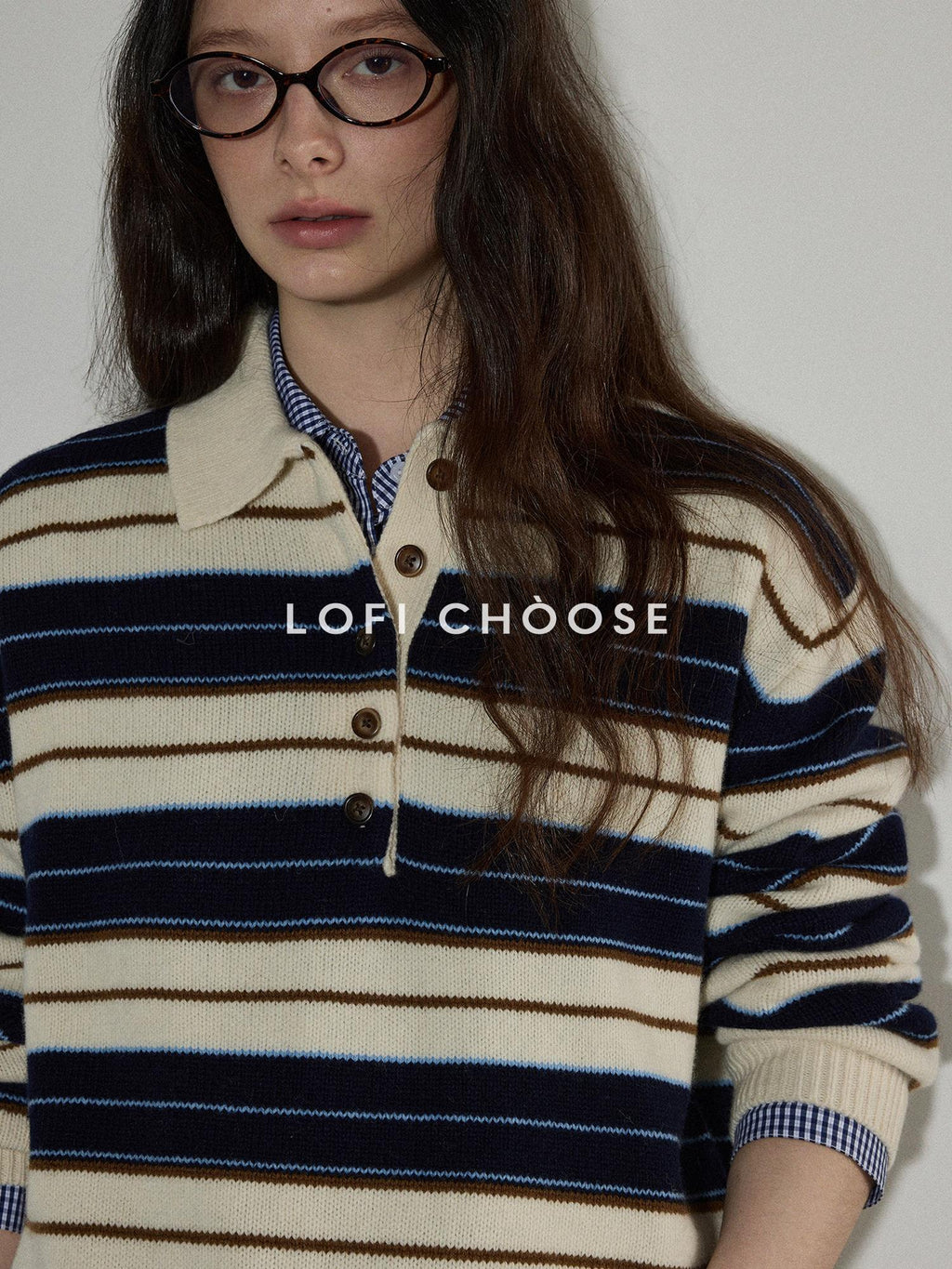 Lofi choose Contrast Polo Collar Striped Loose Office Knit Button Pullover Women Sweaters