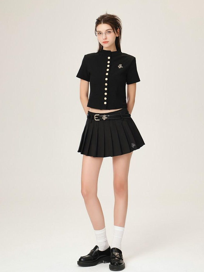 ikyou 3D Embellished Minimal Slim Short Sleeve Stand Collar Black Knit Women Cardigans