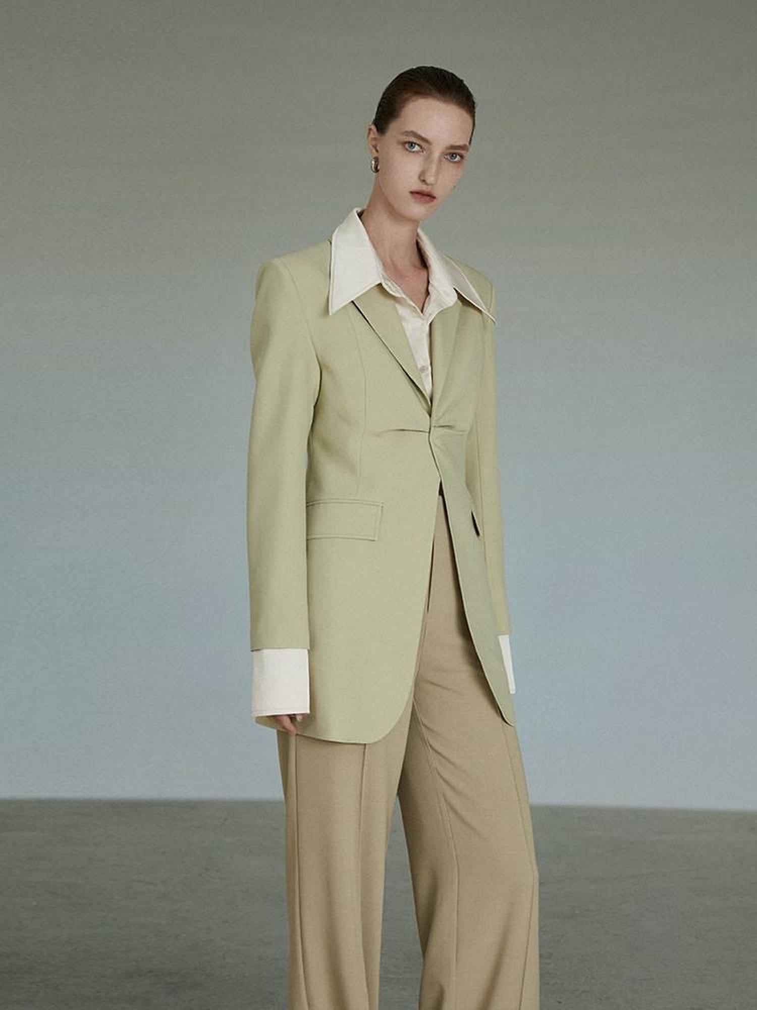 unspoken Streamlined Slim Fit Sage Green Notch Lapel Single Breasted Office Women Blazers