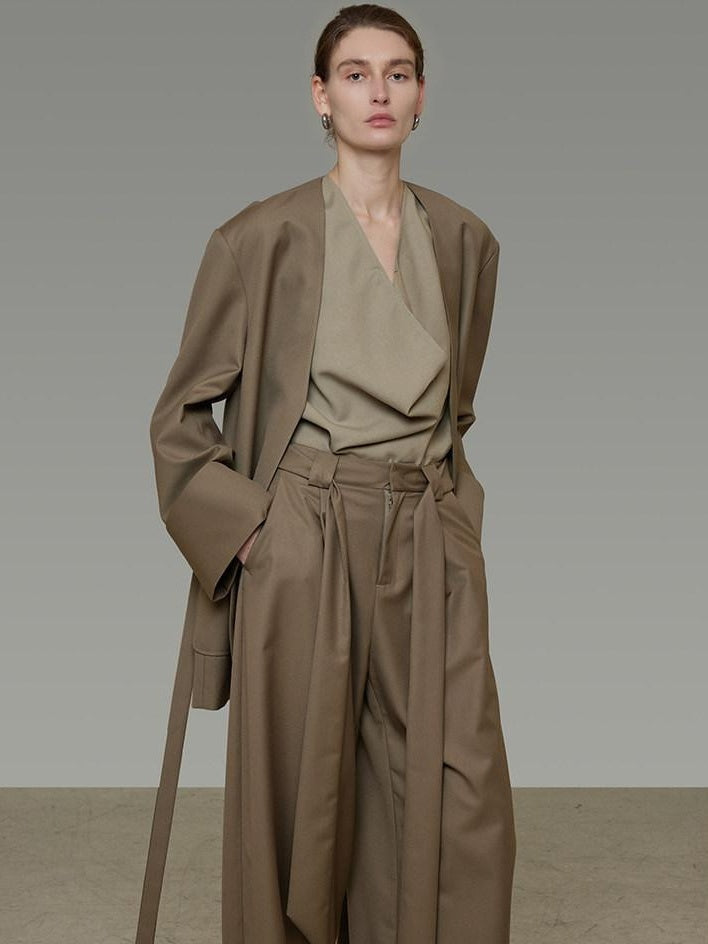 unspoken Minimal Slim Tailored Blazer High Waist Long Pants Women Brown Top & Pants Sets