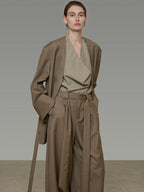 unspoken Minimal Slim Tailored Blazer High Waist Long Pants Women Brown Top & Pants Sets
