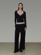 unspoken Navy V-neck Long Sleeve Knit Two Piece Office Casual Women Lounge Sets