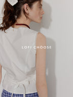Lofi choose Slimming Lace Sleeveless French Loose Round Neck Button Women White Blouses
