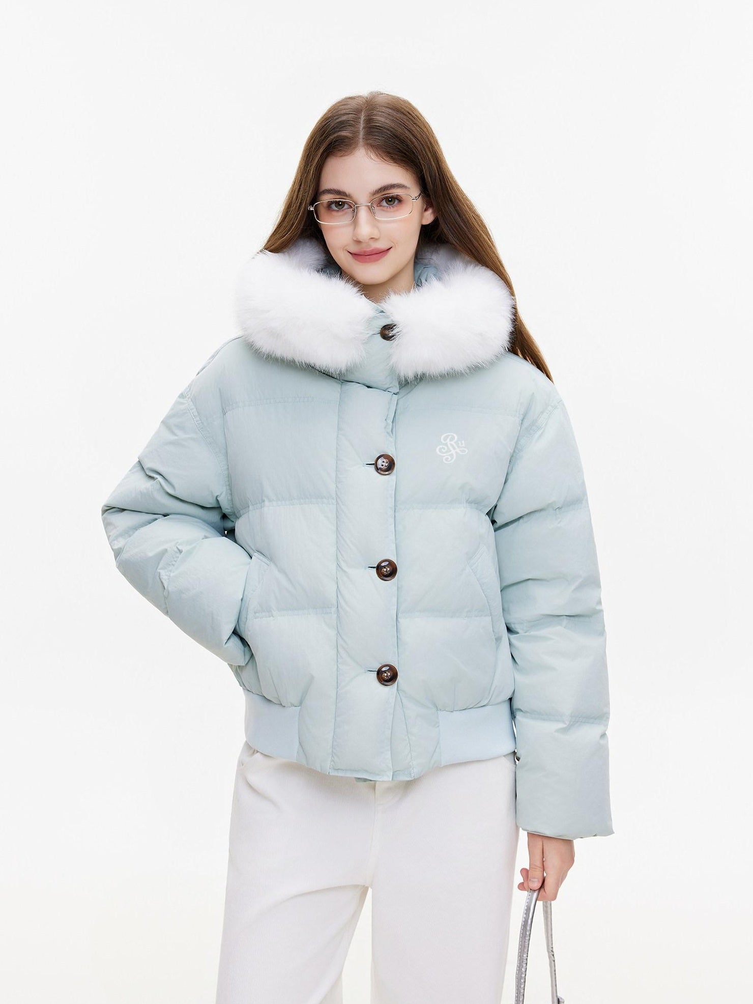 ikyou Warm Embroidered Detachable Hood Korean Loose Nylon Padded Teal Puffer Jackets