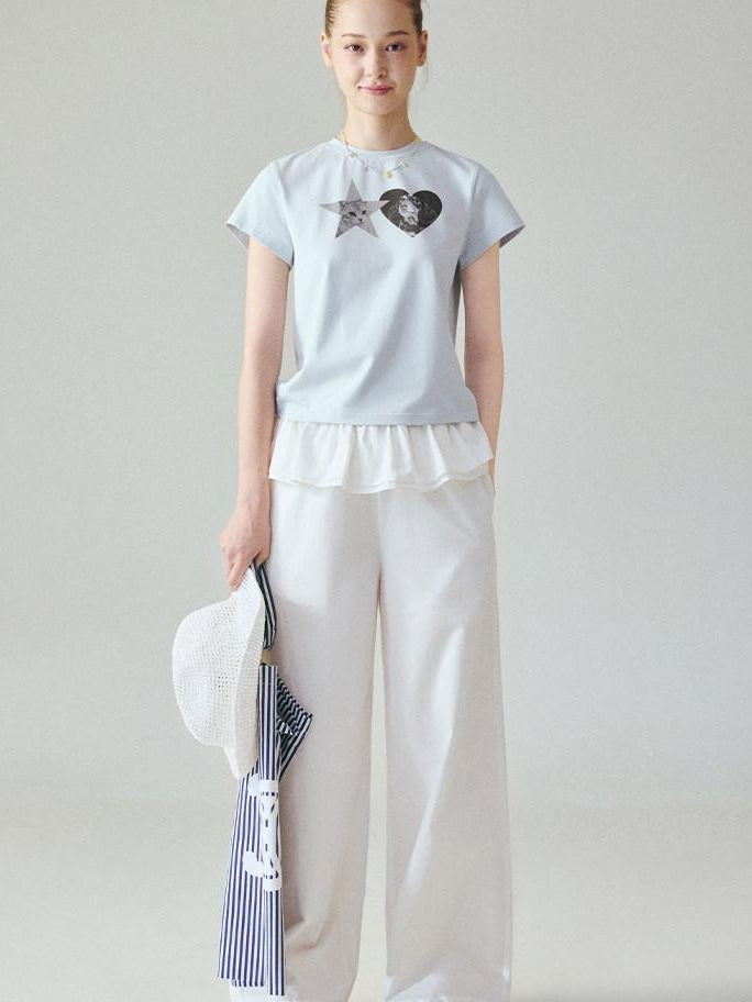 fano Pure Cotton Elastic Waist Loose Korean Office Natural Waist White Straight Pants