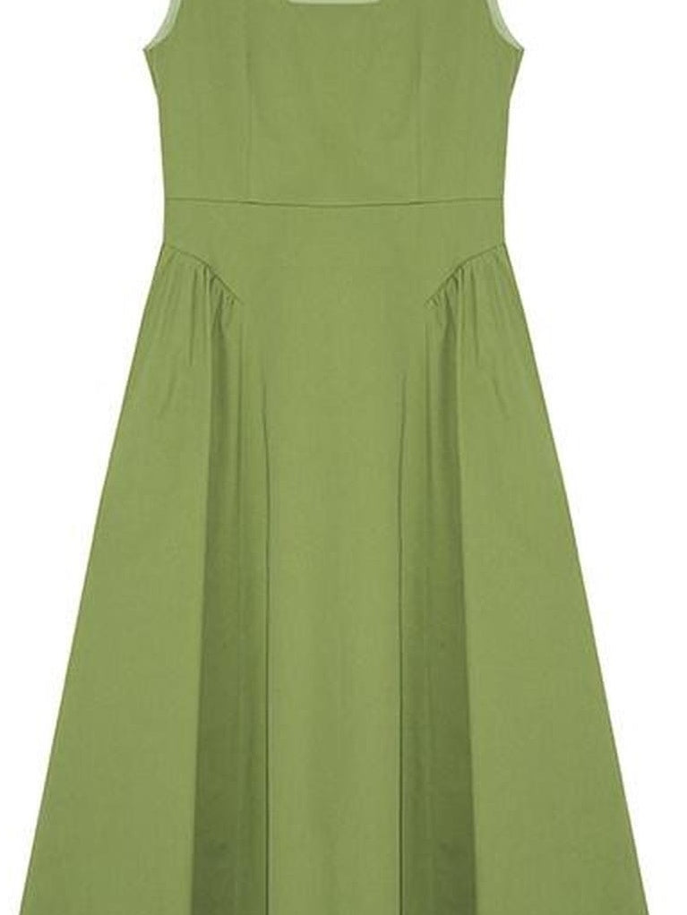fano Cotton High Waist Pleated Minimal A Line Square Neck Women Maxi Dresses