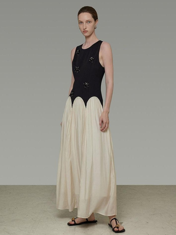 unspoken Elegant Beaded High Waist A Line Sleeveless Office Polyester Maxi Dresses