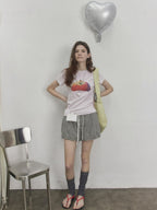 Lofi choose Office Relaxed Printed Round Neck Women Light Blue Short Sleeve T-Shirts