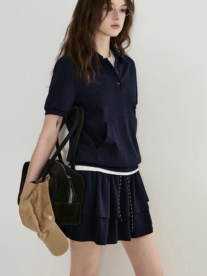 fano Navy Polo Short Sleeve Two Piece Pullover Mini Skirt For Women Top & Skirt Sets