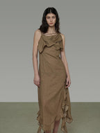 unspoken Cotton High Waist Irregular Hem Minimal Work Strappy Brown Maxi Dresses