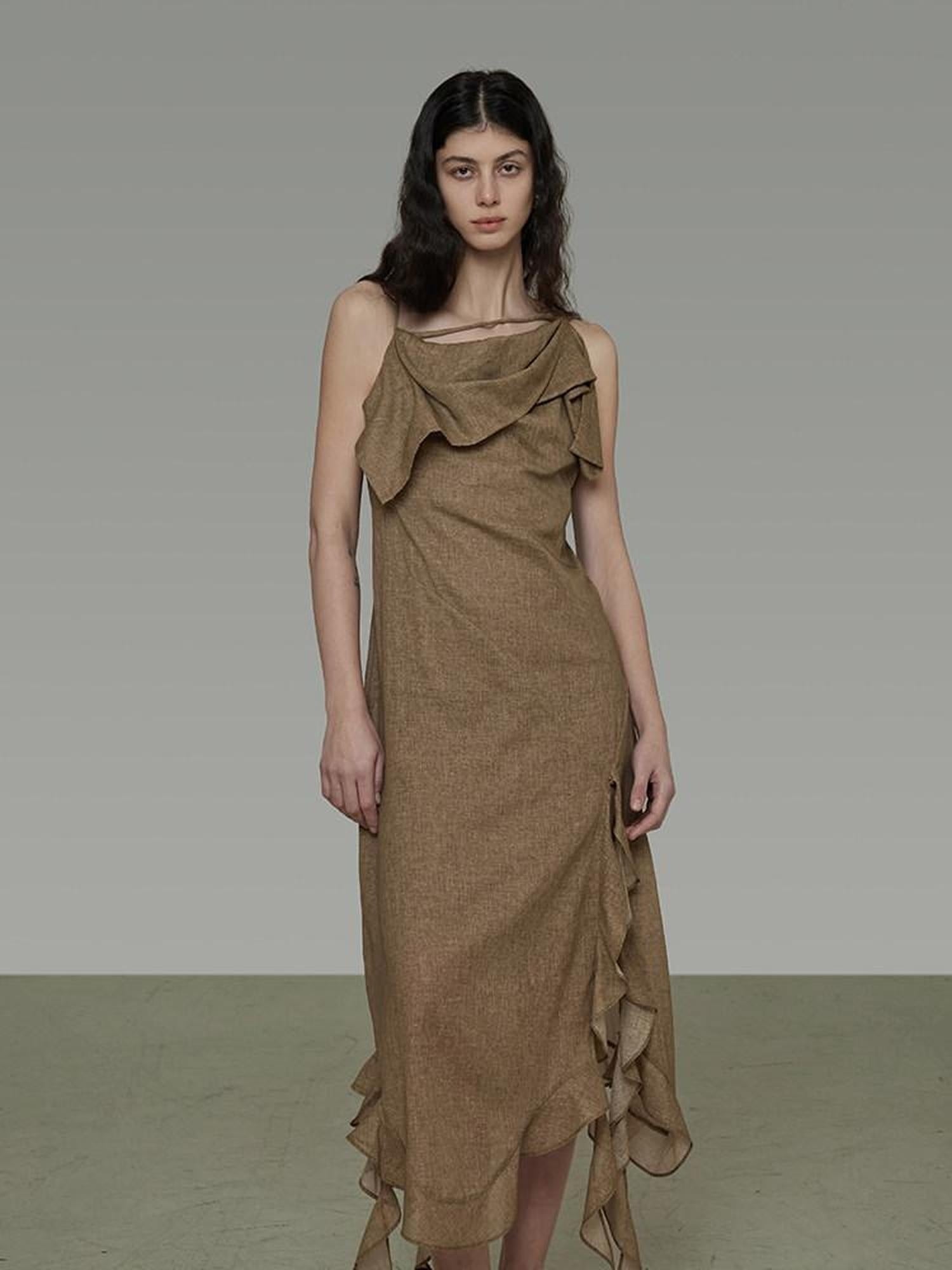 unspoken Cotton High Waist Irregular Hem Minimal Work Strappy Brown Maxi Dresses