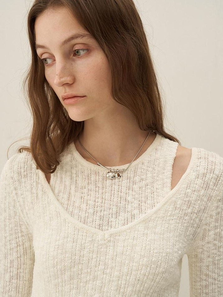 someone sometimes Polyester Blend Knit V-neck Slim Fit Sweet Ivory Women Long Sleeve T-Shirts