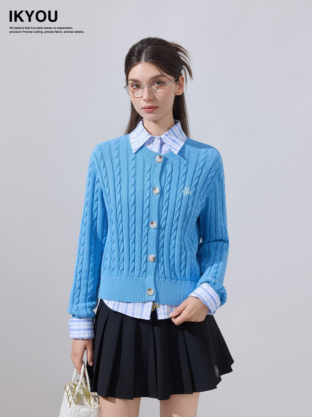 ikyou Soft Cotton Blend Preppy Regular Button Front Blue Casual Women Logo Cardigans