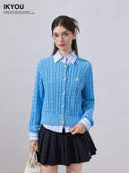 ikyou Soft Cotton Blend Preppy Regular Button Front Blue Casual Women Logo Cardigans