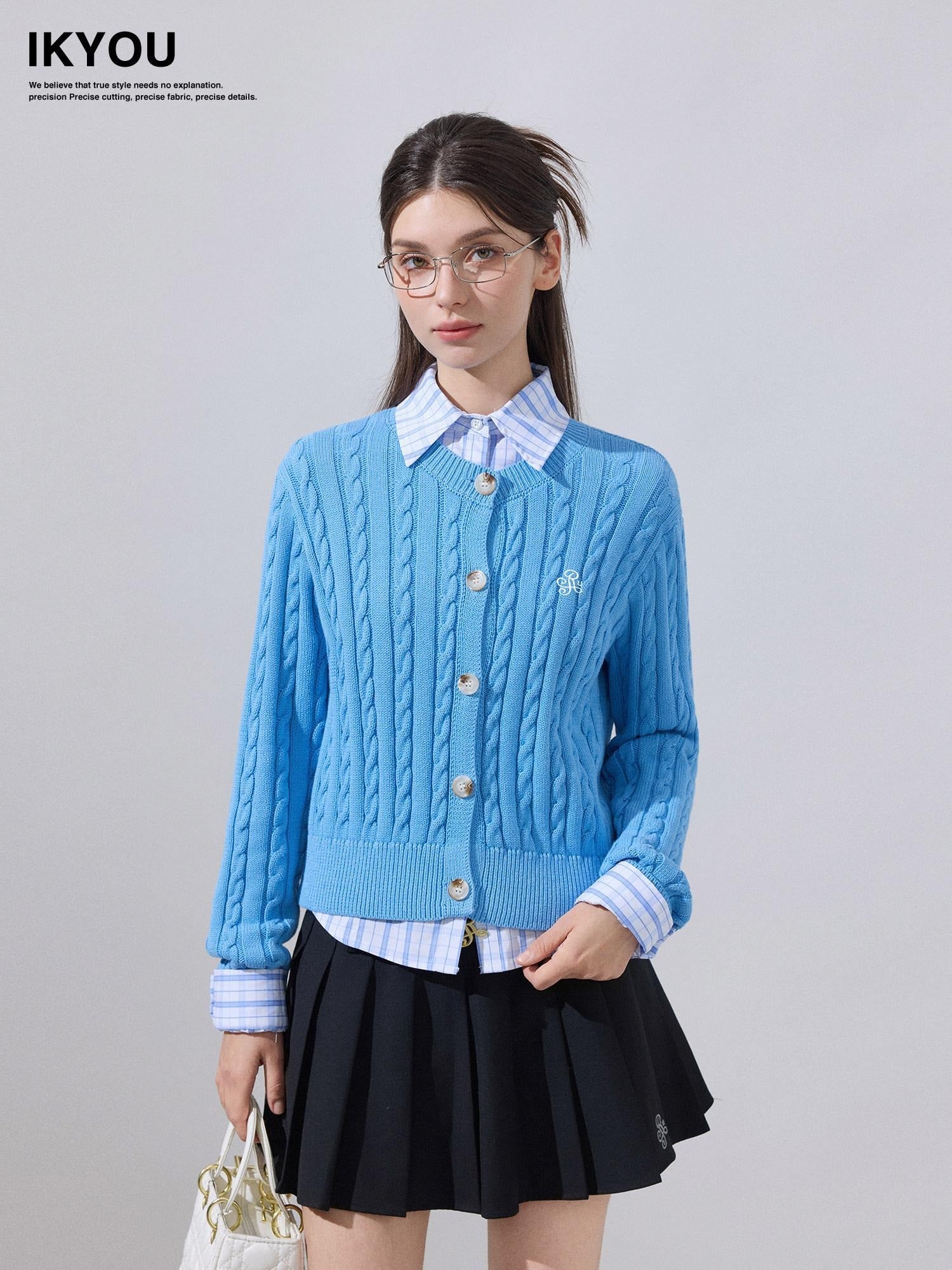 ikyou Soft Cotton Blend Preppy Regular Button Front Blue Casual Women Logo Cardigans