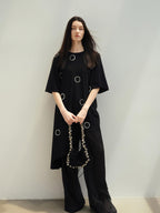 Rhinestone Asymmetric Loose Commuter Cotton Black Women Short Sleeve T-Shirts
