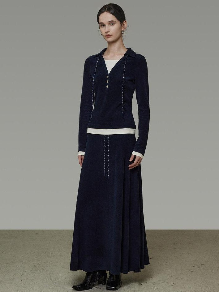 unspoken Breathable Slim Fit V-neck Knit Three Piece High Waist Navy Women Lounge Sets