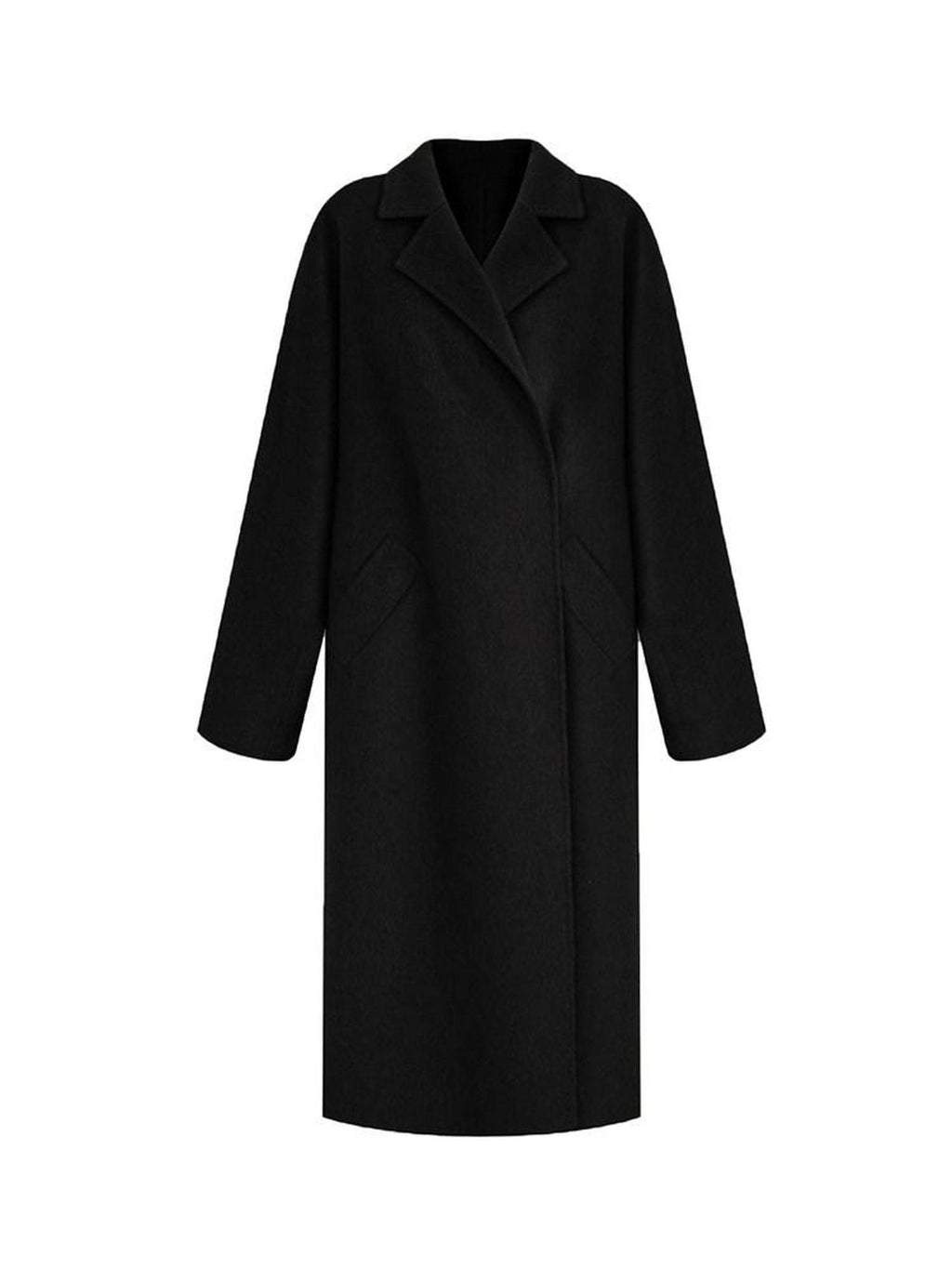 unspoken 100 Percent Wool Minimal Straight Long Tie Office Women Black Wool Coats