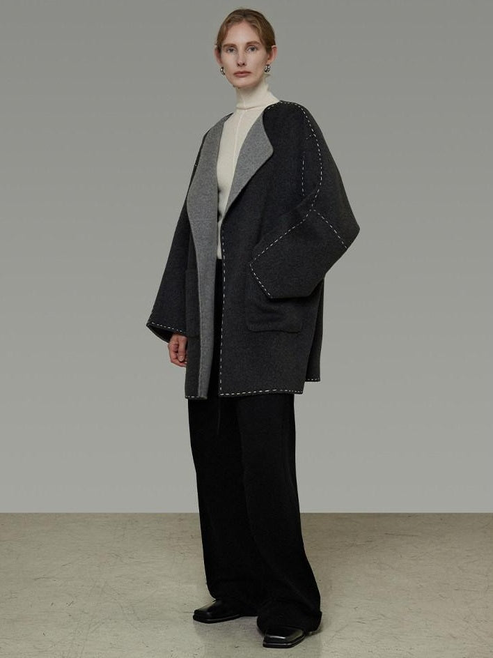 unspoken Warm Thick 3D Tailored Loose Fit Lapel Collar Commuter Women Charcoal Wool Coats