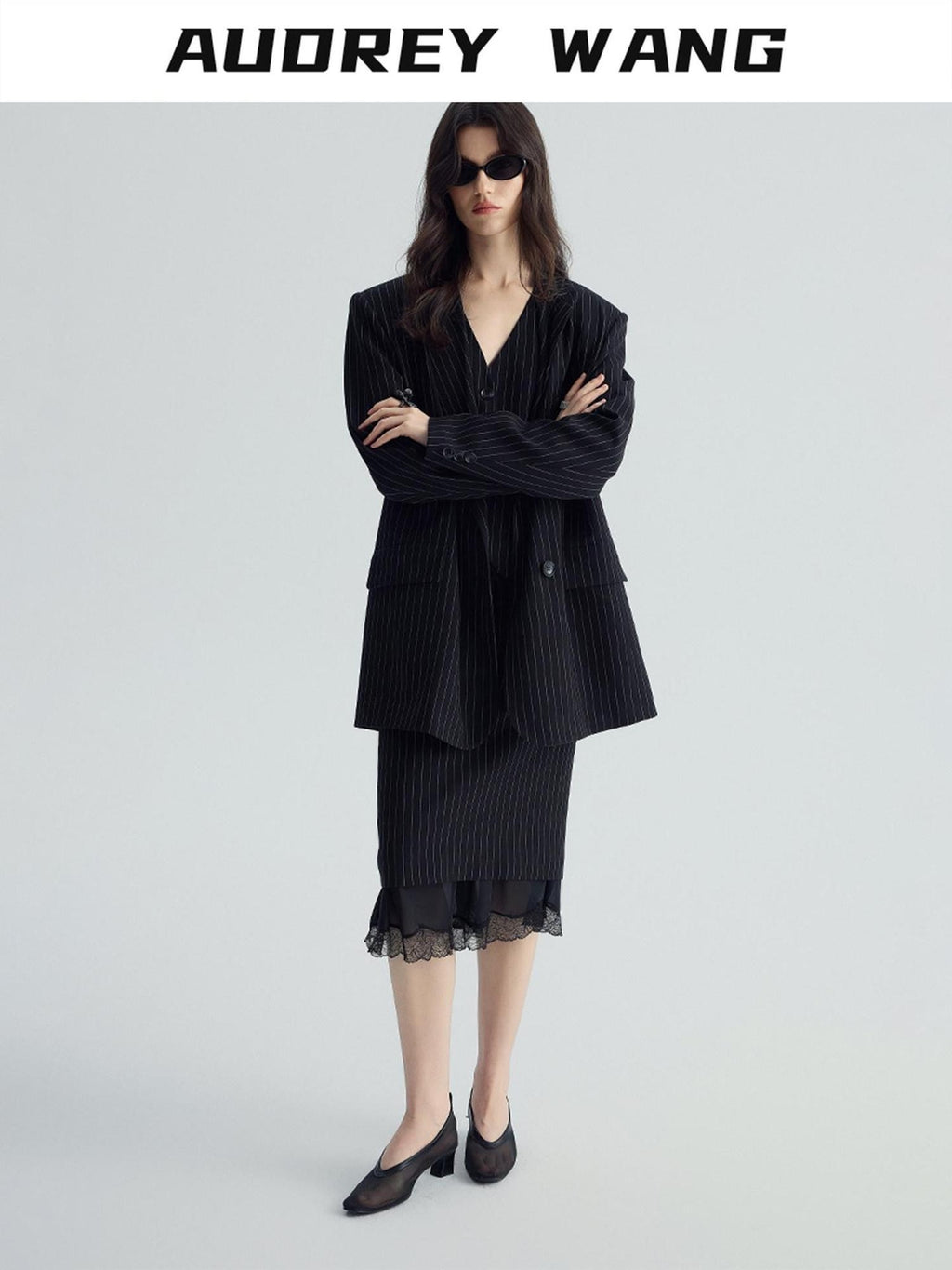 audreyyang Original Design Relaxed Fit Double Breasted Women Black Polyester Blazers