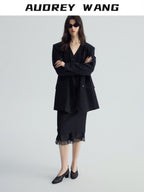 audreyyang Original Design Relaxed Fit Double Breasted Women Black Polyester Blazers