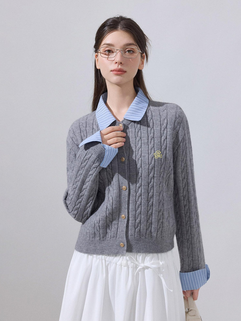 ikyou Soft Preppy Slim Faux Layer Women Casual Long Sleeve Crewneck Grey Cardigans