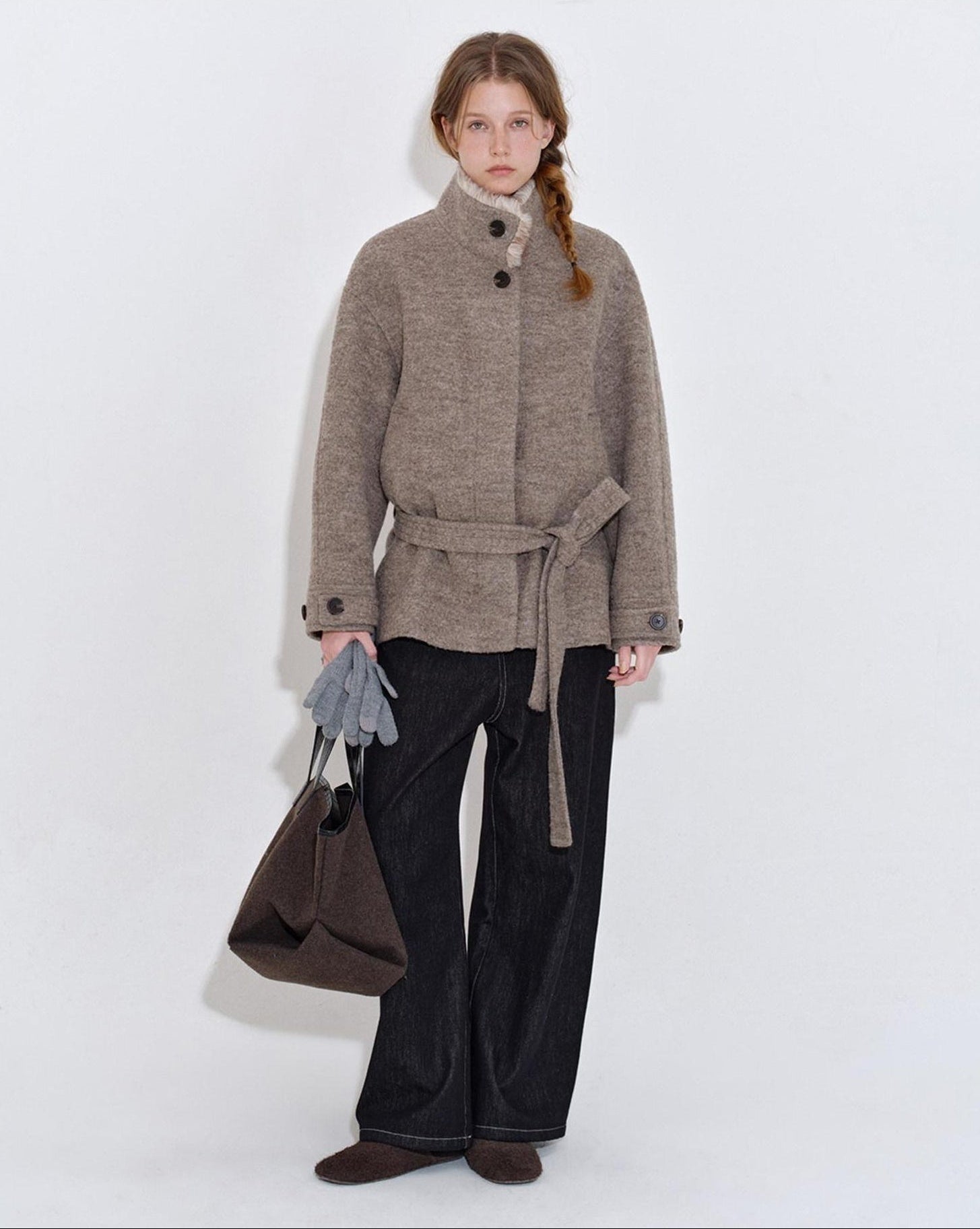 fano 70 Wool 30 Polyester Light Brown Women Korean Commuter Stand Collar Wool Coats