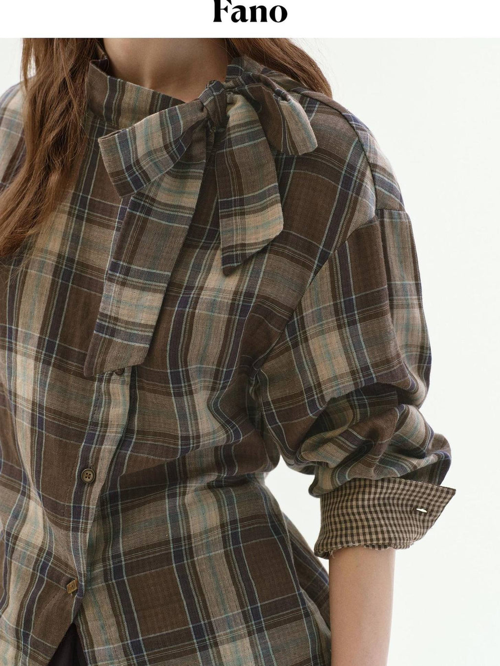 fano Soft Cotton Tie Bow Plaid Long Sleeve Stand Collar Office Cardigan Women Blouses