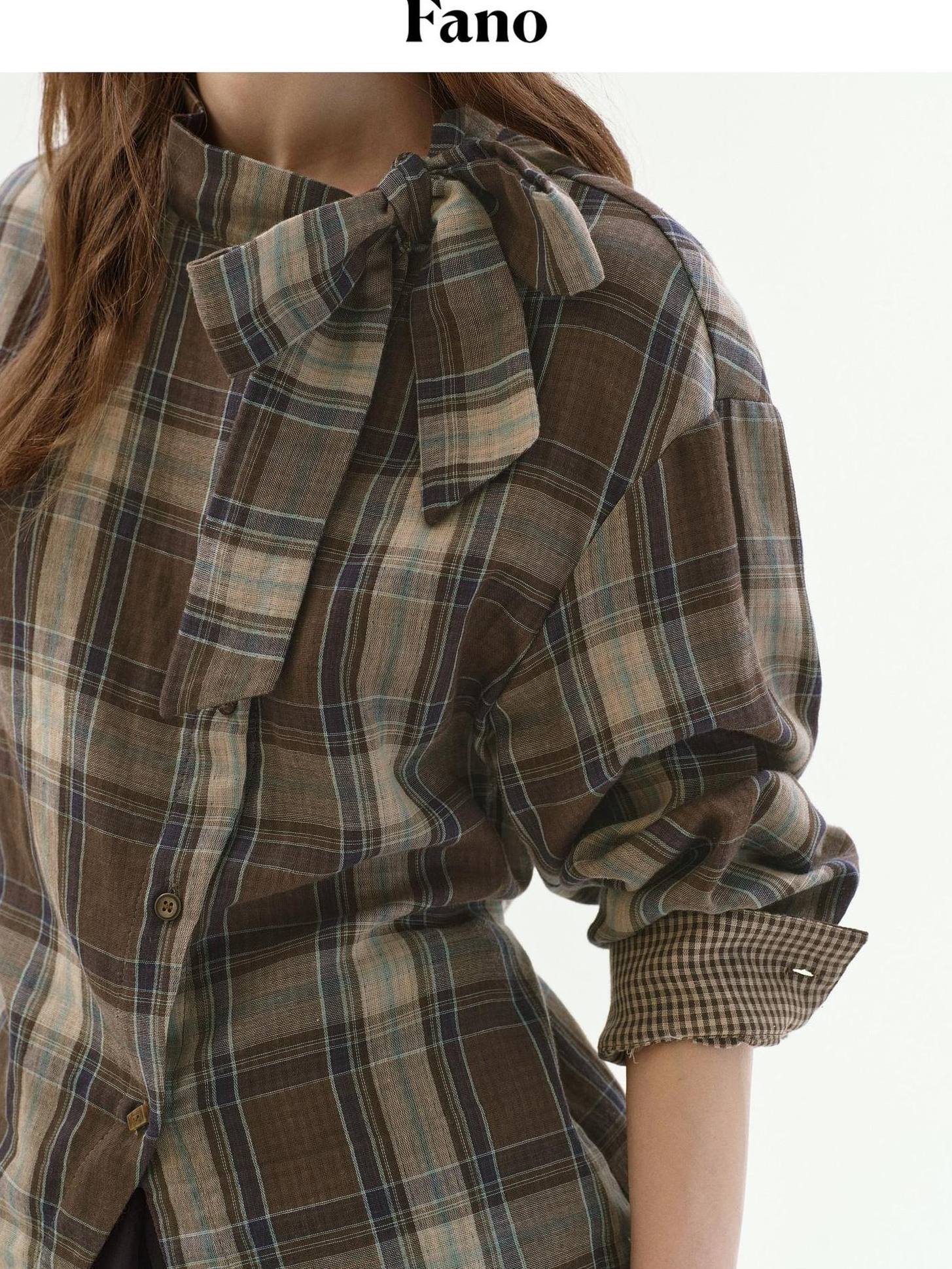fano Soft Cotton Tie Bow Plaid Long Sleeve Stand Collar Office Cardigan Women Blouses