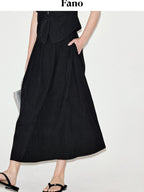 fano Sleek Black V-neck Button Short Sleeve Two Piece Chic Women Top & Skirt Sets